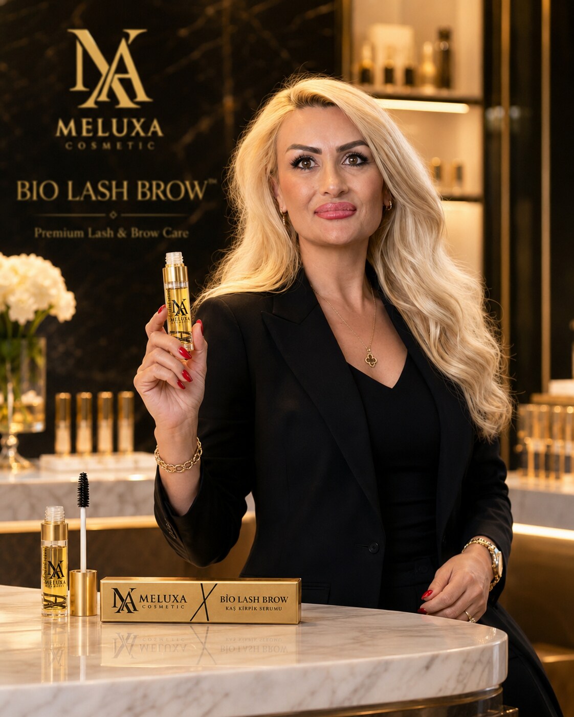 Mrs. Meryem, Founder of Meluxa Cosmetic, with the Bio Lash Brow serum